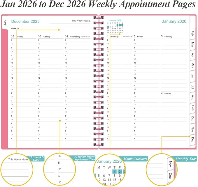 2026 Appointment Book & Planner - Hourly Planner from January 2026 to December 2026, Weekly Appointment Book 2026 with 30-Minute Interval, 6.4" x 8.5", Pink