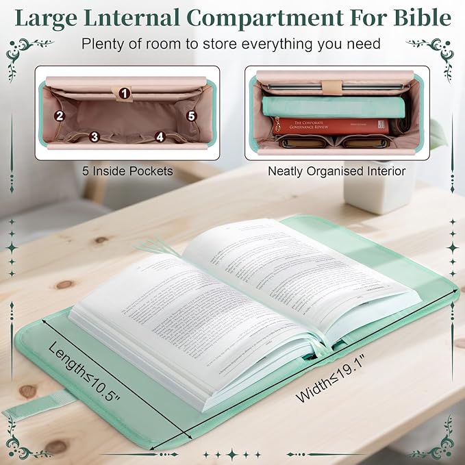 Large Bible Cover Case for Women, Bible Cover with Book Sleeve, Thick Padded Bible Case, Working Bible Tote Bag with Laptop and Bottle Pockets, Church Bag, Bible Bags for Women, Girl, Green
