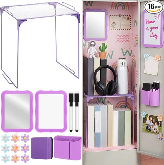 Colarr 16 Pcs Purple Locker Accessories for Girls Includes Magnetic Whiteboard & Mirror Locker Shelf Pen Holder 2 Dry Erase Marker & Eraser 9 Flowers for Back to School Essentials Decoration