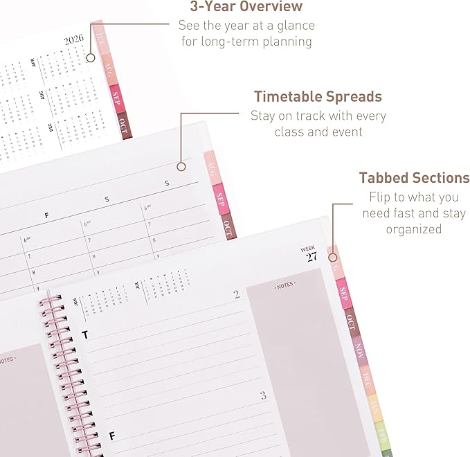 Rileys Academic Planner 2026-2027, Daily, Weekly & Monthly Planner, July 2026 - June 2027, Student Notes Pages, Twin-Wire Binding, Weekly Agenda for School & Work (8.5 x 11-Inches, Pink)