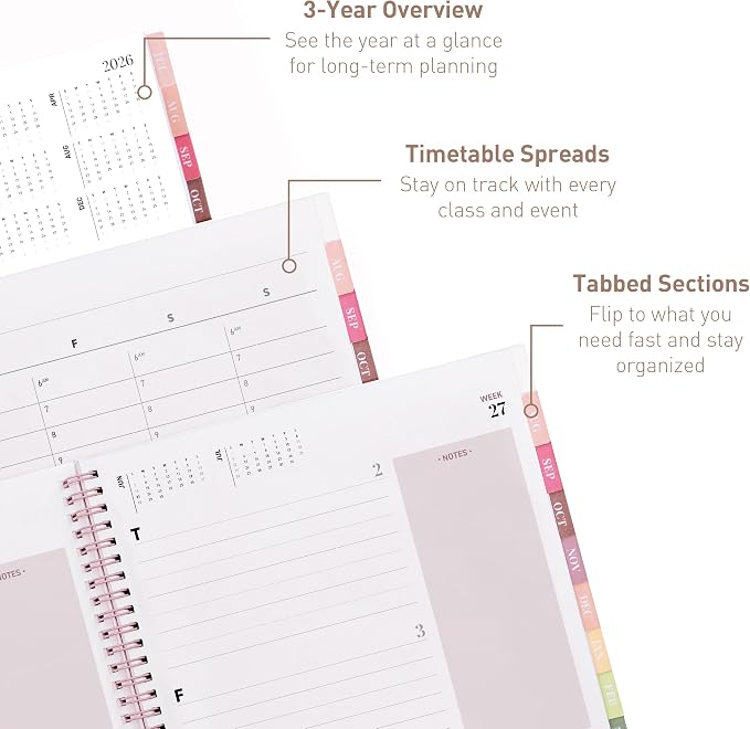Rileys Academic Planner 2026-2027, Daily, Weekly & Monthly Planner, July 2026 - June 2027, Student Notes Pages, Twin-Wire Binding, Weekly Agenda for School & Work (8.5 x 11-Inches, Pink)