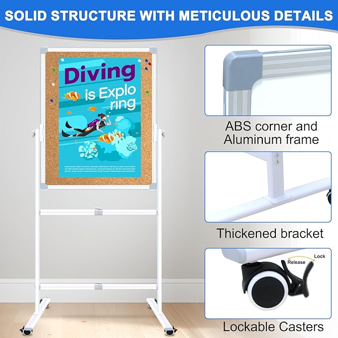 Max-officoo Double Sided Cork Board and White Board 24"x36" Mobile Whiteboard with Stand, Adjustable Height and Angle Magnetic Rolling Dry Erase Board on Wheels for Office, School, Home