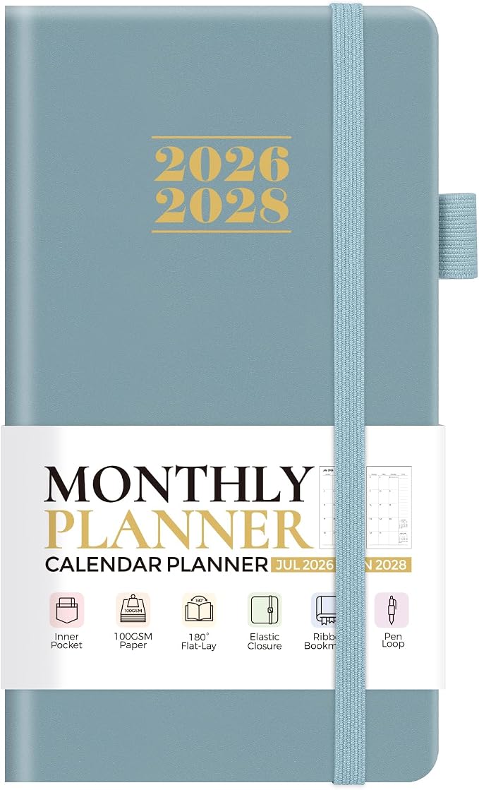 KONVINIT Pocket Calendar 2026-2028, 24-Month Pocket Calendar 2027 Planner Runs from July.2026 Until June.2028, Blue PU Monthly Planner with Inner Pocket, Pen Loop, Elastic Closure for School & Office Supplies, 3.54”×6.69”