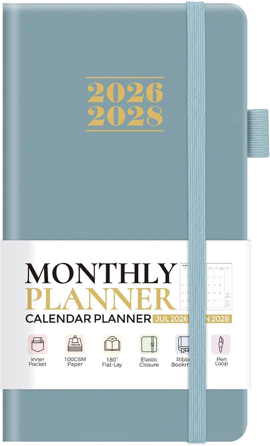 KONVINIT Pocket Calendar 2026-2028, 24-Month Pocket Calendar 2027 Planner Runs from July.2026 Until June.2028, Blue PU Monthly Planner with Inner Pocket, Pen Loop, Elastic Closure for School & Office Supplies, 3.54”×6.69”