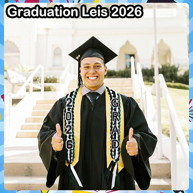 Graduation Leis 2026 Money Ribbon Leis for Graduation Class of 2026 Braided 48inch Graduation Necklace for High School,College Graduation Party Gifts,Green,White and Black