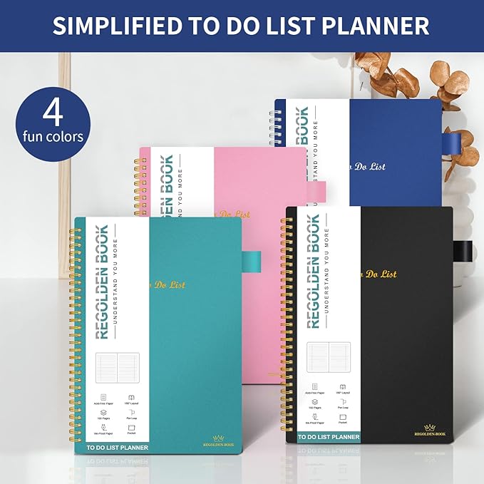 Regolden-Book To Do List Notebook, Daily Planner for Work, Project Tasks & Personal Organizer, Checklist Man/Women, Pocket, Pen Loop, 160 Pages (7"x10")