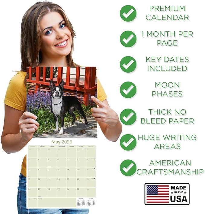 2025 2026 Boston Terrier Calendar - Dog Breed Monthly Wall Calendar - 12" x 24" Open - Thick No-Bleed Paper - Giftable - Academic Teacher's Planner Calendar Organizing & Planning - Made in USA