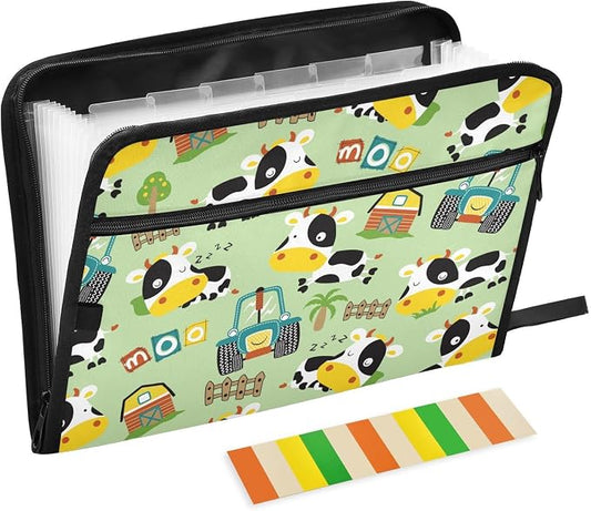 Funny Cow Farming Element File Folders,Plastic Folders with 13 Pockets,Expandable File Folder for Documents School Students Office,Aesthetic Folder with Labels A4 Letter Size