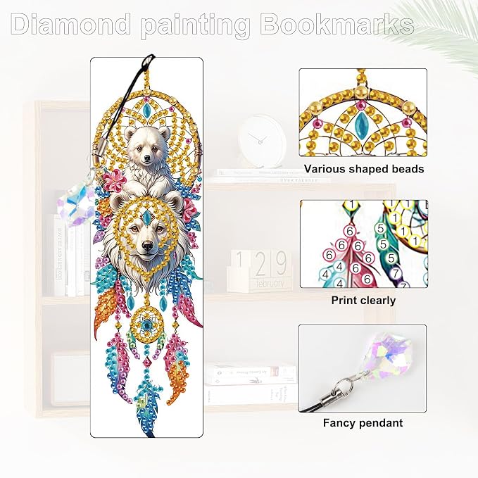 4 Pcs Diamond Painting Bookmarks, White Bear and Lion Dreamcatcher DIY Diamond Art Kits for Adults, Rhinestone Drill Crafts Bookmarks with Tassel for Graduation Birthday Gifts