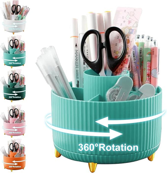 Cayxenful Pencil Holder For Desk,5 Slots 360°Degree Rotating Desk Organizers And Accessories,Desktop Storage Stationery Supplies Organizer, Cute Pencil Cup Pot For Office, School, Home (C-Blue)