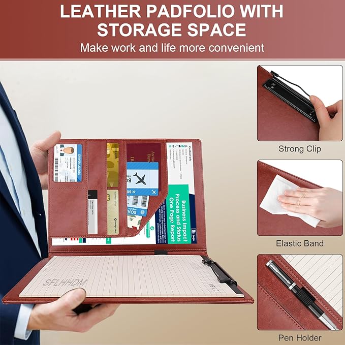 Clipboard Padfolio with Storage Pocket, Clipboard Folder Portfolio Organizer,360 Degree Foldable Clipboards with Refillable Notepad,Faux Leather Padfolio Organizer for Office School Supplies-Red Brown