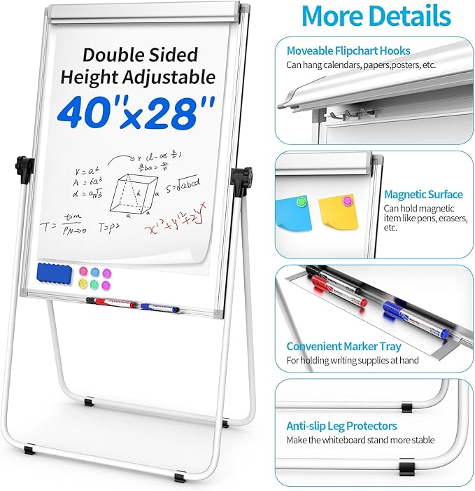 U Stand Double Sided Magnetic Dry Erase Board with Easel Stand, 40"x28" Whiteboard with Flipchart Paper Pad (25 Sheets)- Height Adjustable Standing Whiteboard for Office, Homeschooling & Studio, White