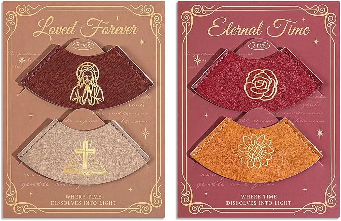 4 PCS Vintage Leather Bookmarks, Bible Bookmarks with Gold Stamping, Christian Book Mark Gift for Bible Study & Journaling, Cute Page Markers for Book Lovers Women Girls