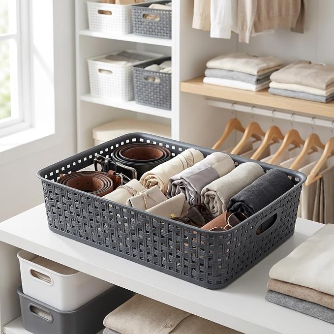 Idotry 4 Packs Plastic Paper Storage Basket, Gray