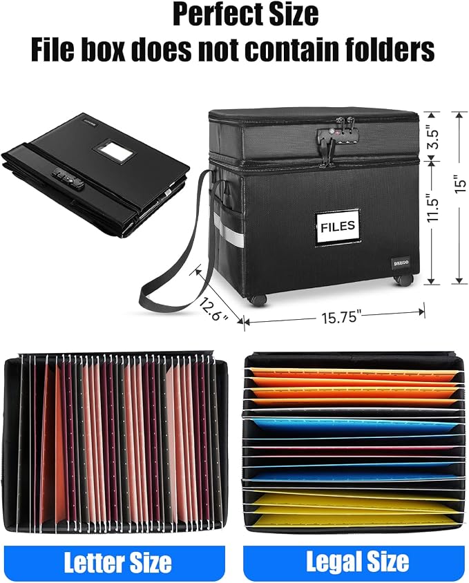 DEEGO Rolling File Box, Fireproof Document Box with Wheels Multi-Layer Water-Resistant File Organizer Portable file Cabinet Document Safe filing box for Home Office for Hanging Letter/Legal Folder