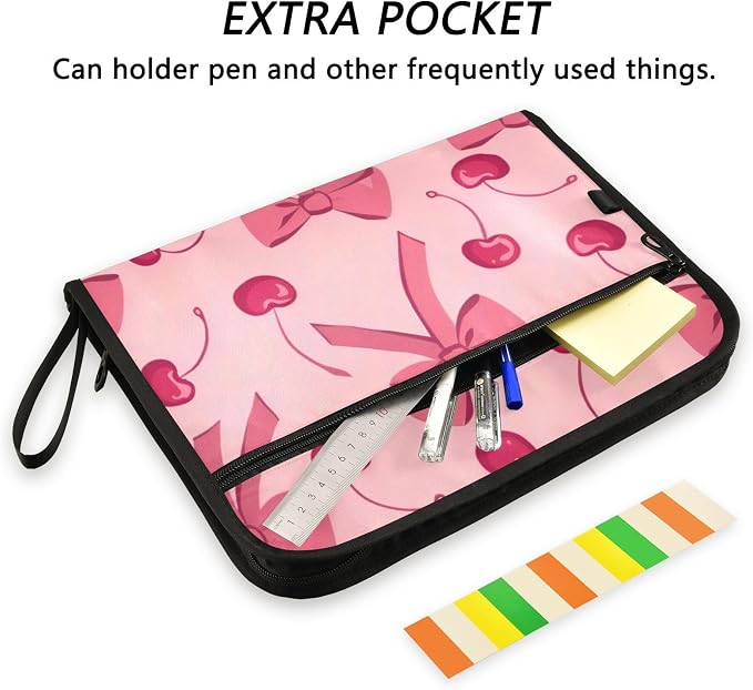 Expanding File Folder Pink Bow Cherry Accordion File Organizer 13 Pockets Document Organizer with Zipper Labels A4 Letter Office Storage