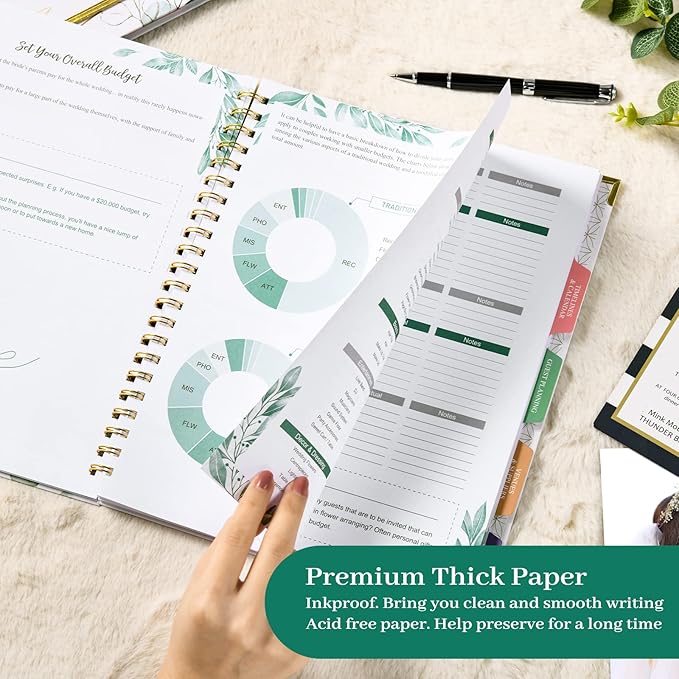 Wedding Planner & Organizer - Wedding Planner Book and Organizer for the Bride, 9.5" x 11.9" Diary Engagement Gift Book, Hardcover + Metal Corner + 5 Inner Pockets + Sticker + Elastic Closure - Floral