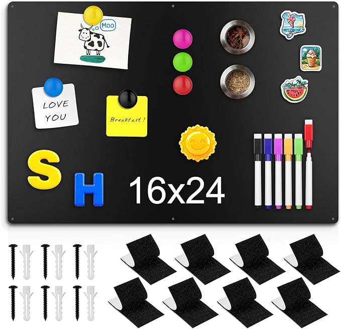 16" x 24" Magnetic Board, Black Magnet Bulletin Board to Display Magnetic Letters, Metal Board for Wall, Refrigerator Photo, with Dual Lock Tape and Screws, Marker Pen