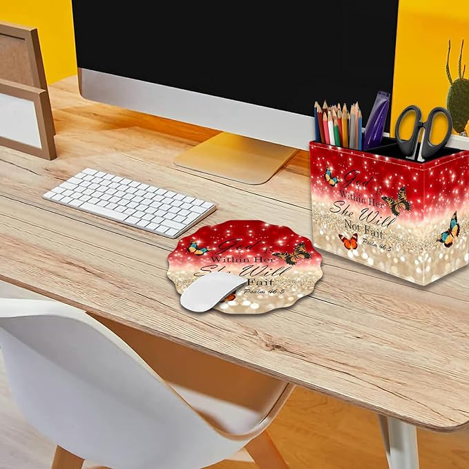 Pen Holder for Desk, PU Leather Multifunctional Desktop Storage Box and Anti-Slip Mouse Pad Set, Makeup Brush Holder Pen Organizer for Office and Home - Psalm 46:5