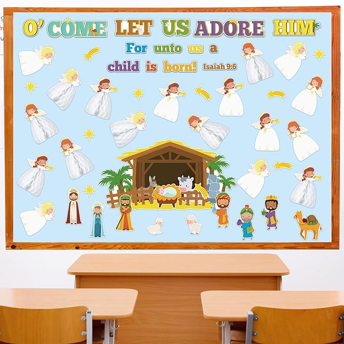 Zhanmai Christmas 3D Bulletin Board Set Paper Cutouts with String Lights Holiday Wall Bulletin Board Decorations for Home Office Holiday Party Supplies(Nativity)