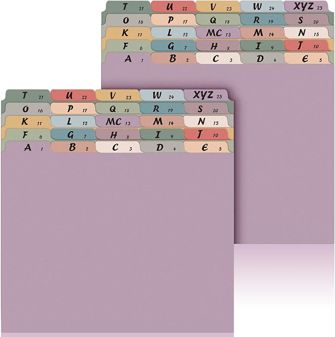 2 Set 50 Pcs Alphabet File Dividers A-z Top Tab Guides Set, Letter Size Filing Organizers 1/5 Cut Alphabetical File Folder Tabs for Home, Office, School(Vintage Colors)