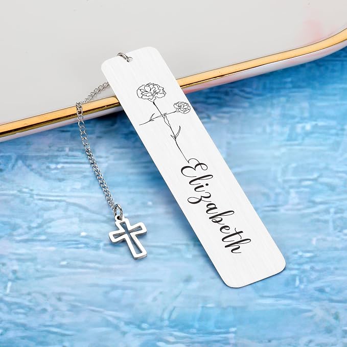 Personalized Bookmarks for Women Book Lover Birth Flower Birthday Customized Gifts for Reading Her Daughter Friends (Religious Cross Birth Flower)