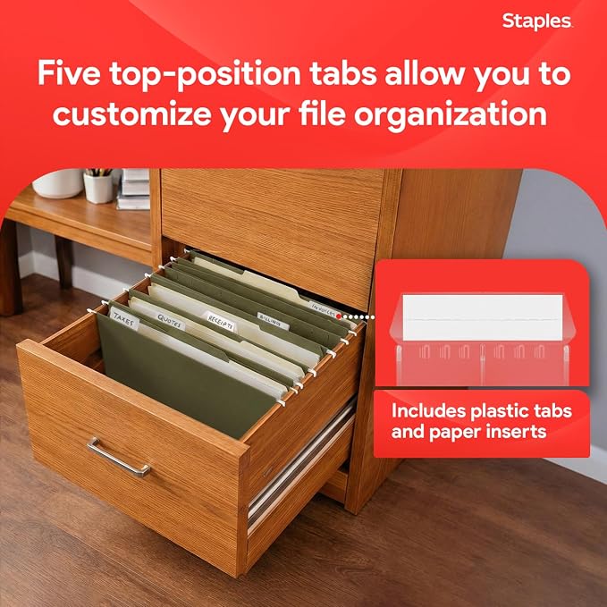 Staples Reinforced Hanging File Folders, Letter Size, 3" Expansion, Wide‑Capacity Box‑Bottom Design, Standard Green – 25/Pack
