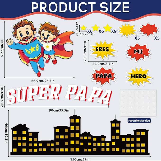Happy Father's Day Bulletin Board Set Super Dad Themed Classroom Decorations Super Pa Pa Hero Cityscape Cutouts for Fathers Day School Office Wall Door Decor Chalkboard Supplies
