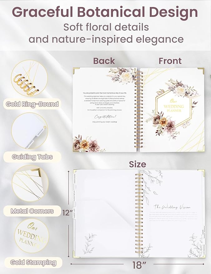 Wedding Planner Book and Organizer for the Bride, 9x12" Wedding Planning Book with 5 Tabbed Sections, Pockets, Checklists, Calendars, Countdown, Metal Corner, Engagement Gifts for Couples, Flower