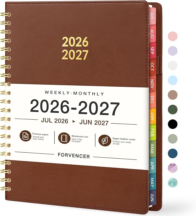 Forvencer Planner 2026-2027, Academic Planner Weekly & Monthly, Vegan Leather Cover Calendar Planner, July 2026 - June 2027, 8.5" x 11", Daily Agenda with Tabs, Student Teacher Planning Organizer