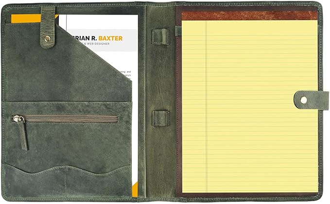 Leather Village Leather Portfolio Organizer - Professional Business Padfolio for Men & Women - Stylish Document Card Holder, Resume Folder, Folio for A4/Letter Size Writing Legal Pad, Olive