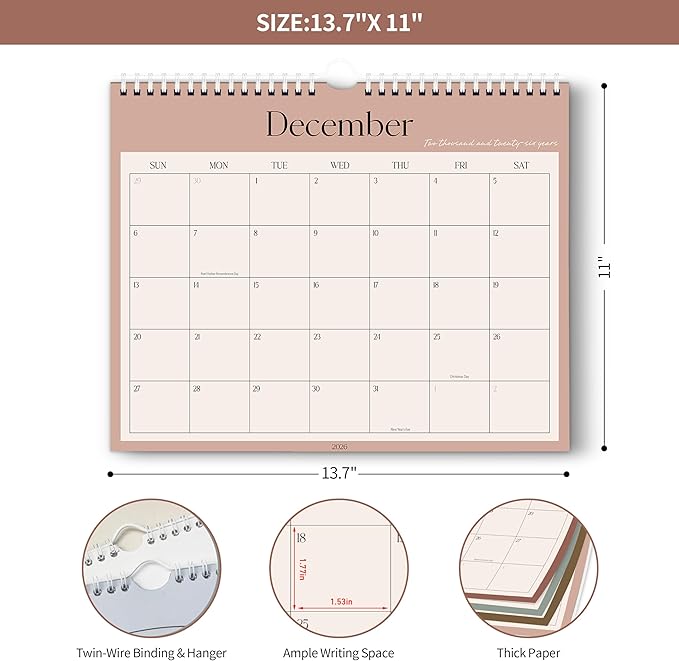 Aesthetic 2026 Wall Calendar - 12 Monthly Calendar from January 2026 to December 2026, 13.7" x 11", Modern Horizontal Wall Hanging Calendar for Organizing & Planning