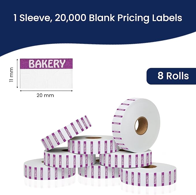 Monarch 1131 Purple Reverse Print on White Bakery Labels — 8 Rolls, 1 Sleeve, 20,000 Labels for Monarch 1131 Price & Date Guns—with Tamper-Proof Design for Marking Breads, Pastries, Cakes—Made in USA