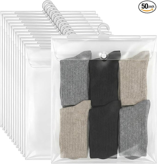 50 Packs Plastic Hanging Storage Bags with Hanger, 12.6×10'' Hang-Up Clear Plastic Bags, Reusable Hanging Storage Bag with Hook, Waterproof, Dustproof, for Sorting, Organising, and Storing