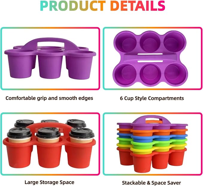 RAUVOLFIA 6 Pack Classroom Caddy Storage Basket with Handle, Plastic Drink Cup Caddy Holder, 6 Compartments for Kids, Table, Office, Arts, Crafts, Crayon, Marker, Pencil, School Supplies (Rainbow)