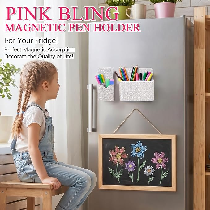 MotiMind 2 Pcs Silver Bling Magnetic Marker Holder Women Girl Locker Accessories Marker Pen Pencil Holder for Refrigerator Whiteboard Sparkly Gift Desk Organizer for School Office (Rhinestone)