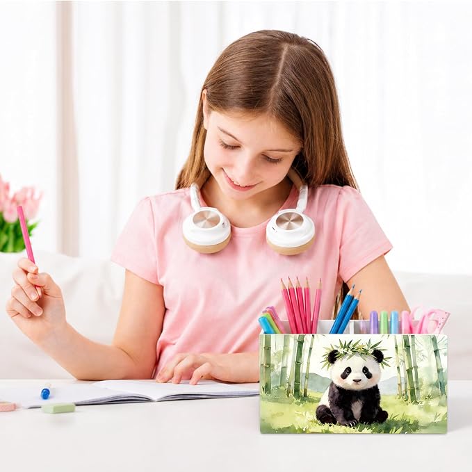 Panda Pen Pencil Holder for Desk Cute Panda Gifts for Women & Kids，Cute Wild Animal Wooden Box Sign Decorations for Kids Room Home Office Desk Tabletop