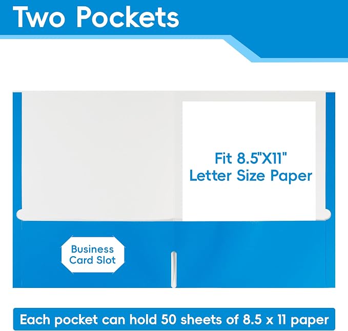 VZCPYTPM 50 Pack Blue Folders with Pockets,2 Pocket File Folders for Letter Size (8.5 x 11 Inch),Professional Design with Business Card Slot for Office and School Organization