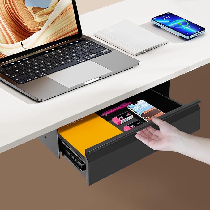 16 Inch Under Desk Mounted Sliding Pull-out Drawer Storage for Sit Stand Workstation Office(Applicable Table Thickness: 0.79in) Black
