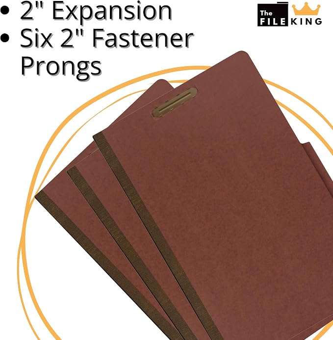 The File King Two Divider Legal Size Pressboard Classification File Folder - Brick Red | Made in America | Box of 10 | Top Tab | 2” Expansion | Durable 2-Inch Fastener Prongs