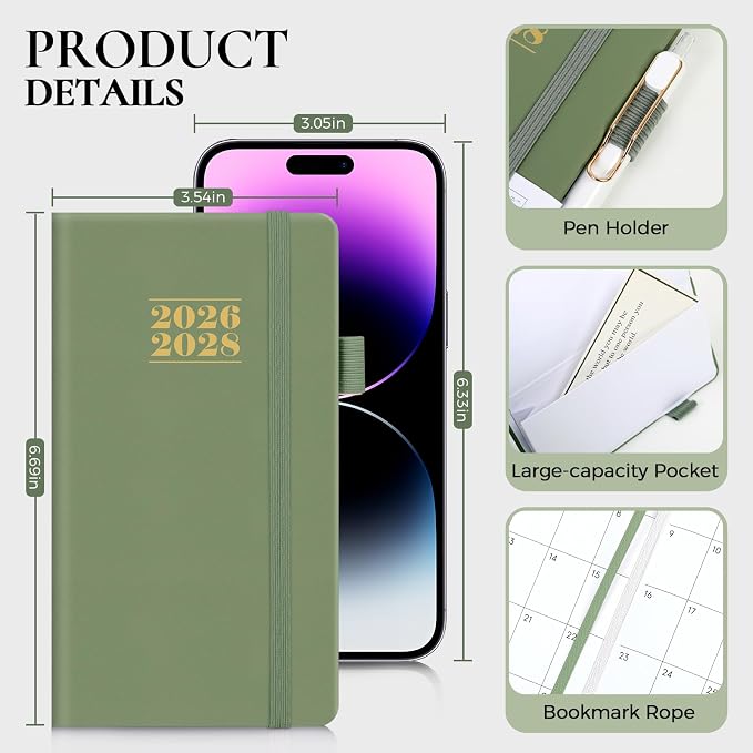 KONVINIT Pocket Calendar 2026-2028, 24-Month Pocket Calendar 2027 Planner Runs from July.2026 Until June.2028, Green PU Monthly Planner with Inner Pocket, Pen Loop, Elastic Closure for School & Office Supplies, 3.54”×6.69”