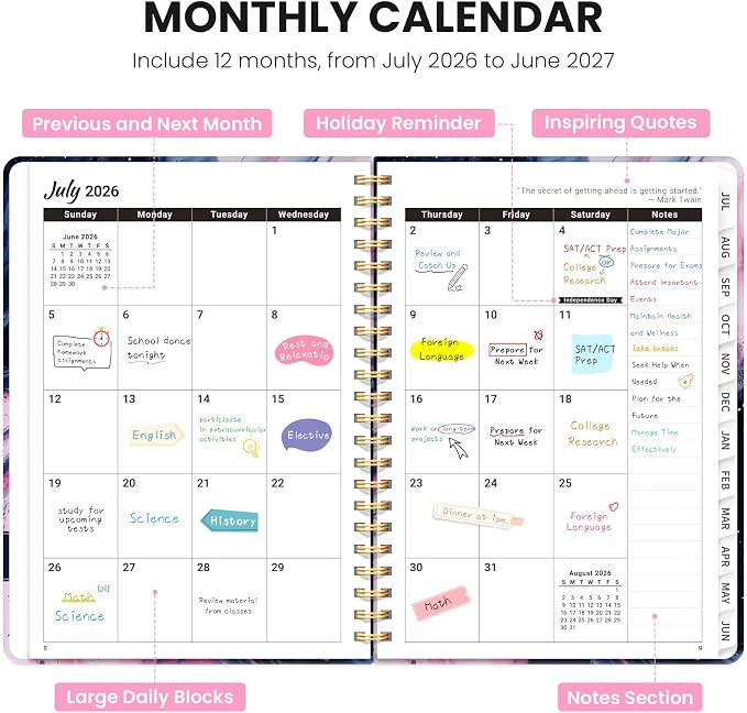 Planner 2026-2027, Monthly and Weekly Calendar Academic Planner July 2026 - June 2027, Hardcover Student Teacher Planning Agenda Book with Tabs, Perfect for Office School Supplies, A4 (8.5" x 11") - Pink Vortex