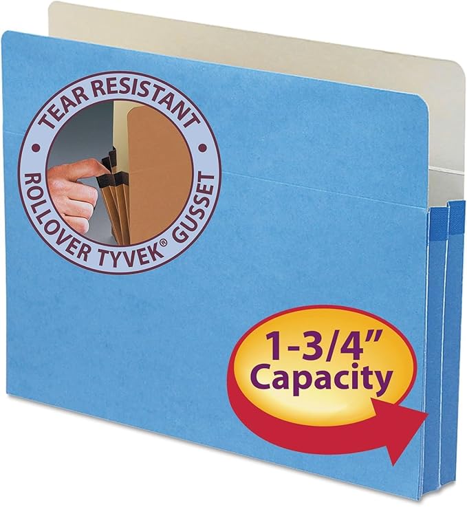 Smead File Pocket, Straight-Cut Tab, 1-3/4" Expansion, Letter Size, Blue, 50 per Box (73215)