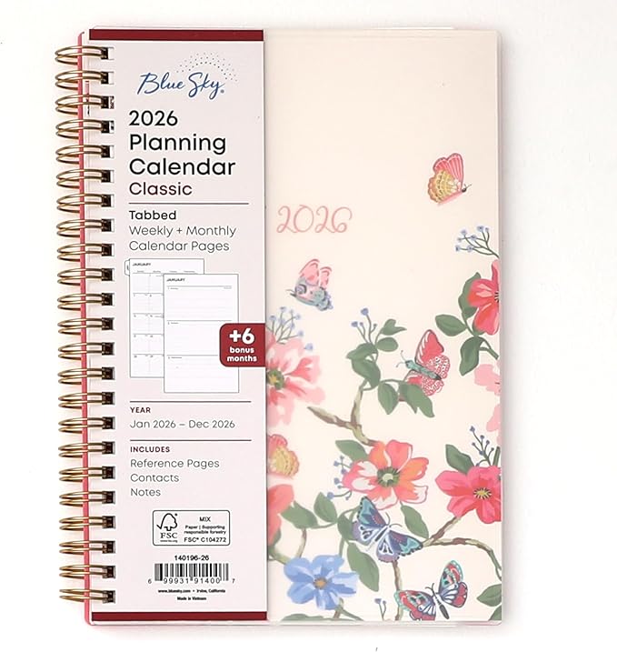 Blue Sky 2026 Weekly and Monthly Planner Calendar, January 2026 - December 2026, 5" x 8", Flexible Frosted Cover, Laminated Tabs, Durable Twin Wire Binding, Fly By