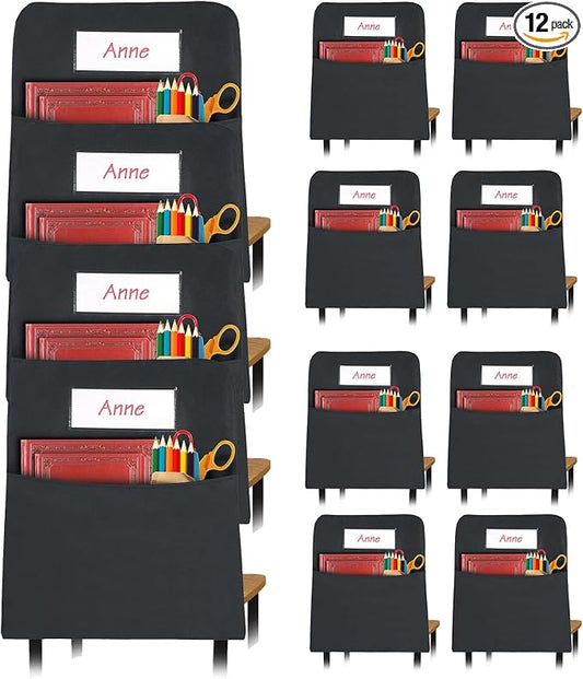 Black Chair Pockets for Classrooms, Seat Sacks for Classroom Chairs K-2 with Name Tag for Organizing Classroom Supplies Fits Students School Office College (12)