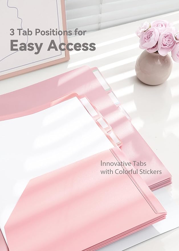 SortRax Plastic Folders with Pockets 3 Hole Punched, 6 Pack Pink Pocket Folders for 3 Ring Binder, Unique 1/3 Cut Tabs with Colorful Labels, School Folders, Letter Size