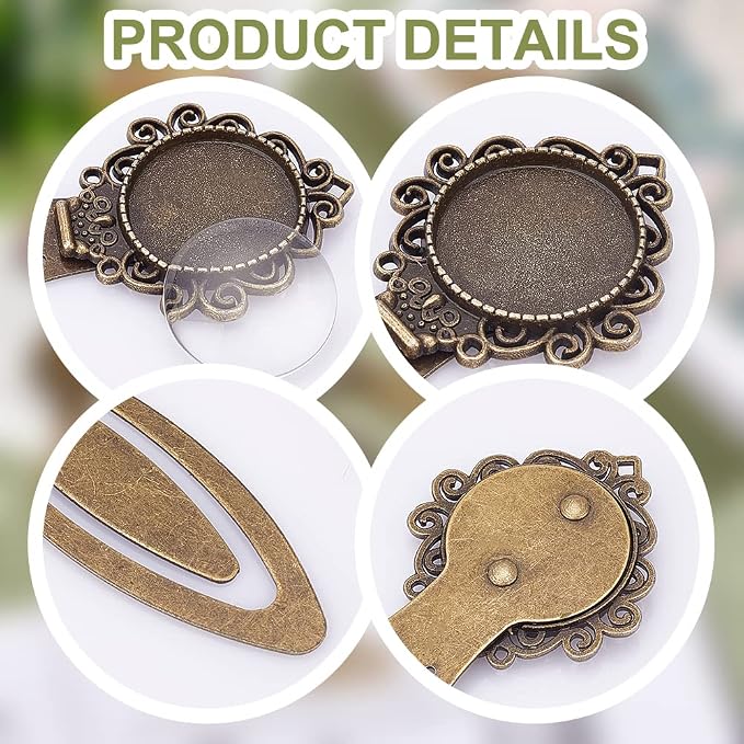 NBEADS 24 Pcs Antique Bronze Bookmark Pendant Tray Kit, Including 12 Pcs Tibetan Style Bookmark Cabochon Settings 12 Pcs Dome Transparent Glass Cabochons for Reading Gift Crafting DIY Bookmark