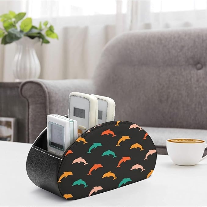 Colorful Dolphin Remote Control Holder with 5 Compartment PU Leather Multi Functional Desk Storage for TV Remotes Office Supplies