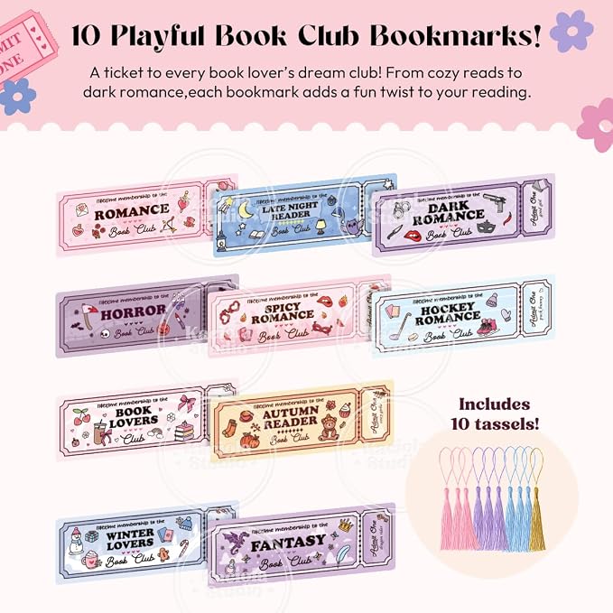 Kaciola Studio 10PCS Cute Ticket Style Bookmarks, Funny Bookmarks for Women, Double Sided Fantasy Booklover Gifts, Cute Gifts for Romance Reader Friends Girls