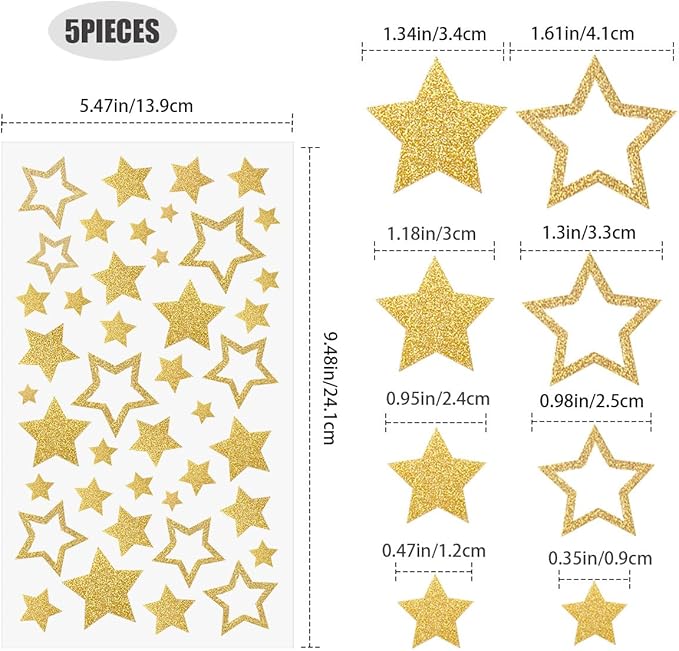 5 Sheets Glitter Star Stickers, Gold Stars Stickers, Self-Adhesive Star Labels, Star Decals for Crafts, Christmas Decoration Scrapbooks Cards Kids Reward, Teacher Stickers Stars